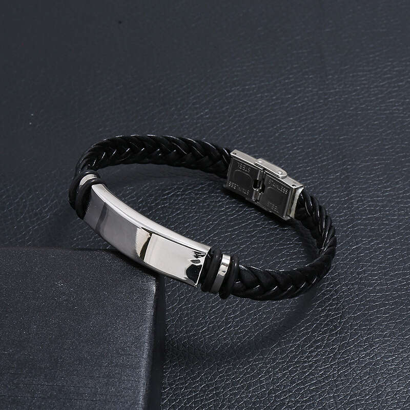 Leather woven stainless steel men's simple smooth PU leather bracelet