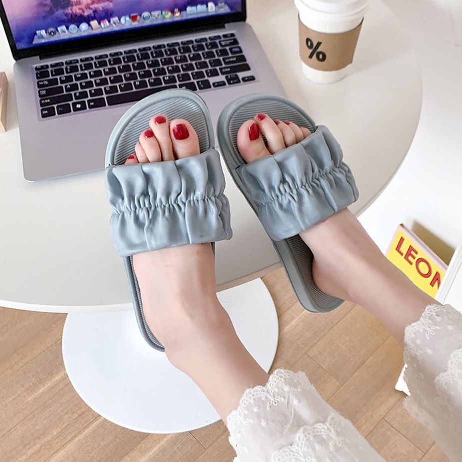 Slippers For Women In Summer Fashionable Fairy Style Flat Pleated Shoe Upper Suitable For Indoor And Outdoor Wear Student One Line Slippers Cool Slipp