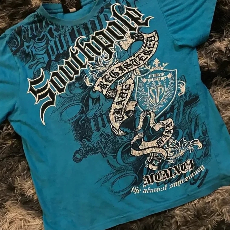 Retro Blue Gothic Pattern Printed Hip Hop Street Fashion Y2K Plus Size T shirt Round Neck Short Sleeve Women Couple Top 250227