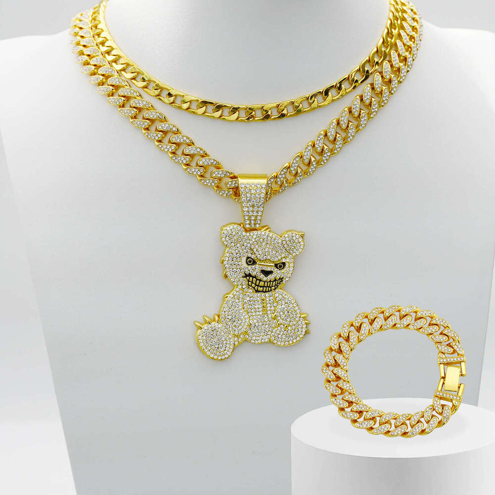 Jewelry Fashion Full Dia Bear Pendant Necklace Men's Hip Hop Cuban Chain Bracelet Three Piece Set