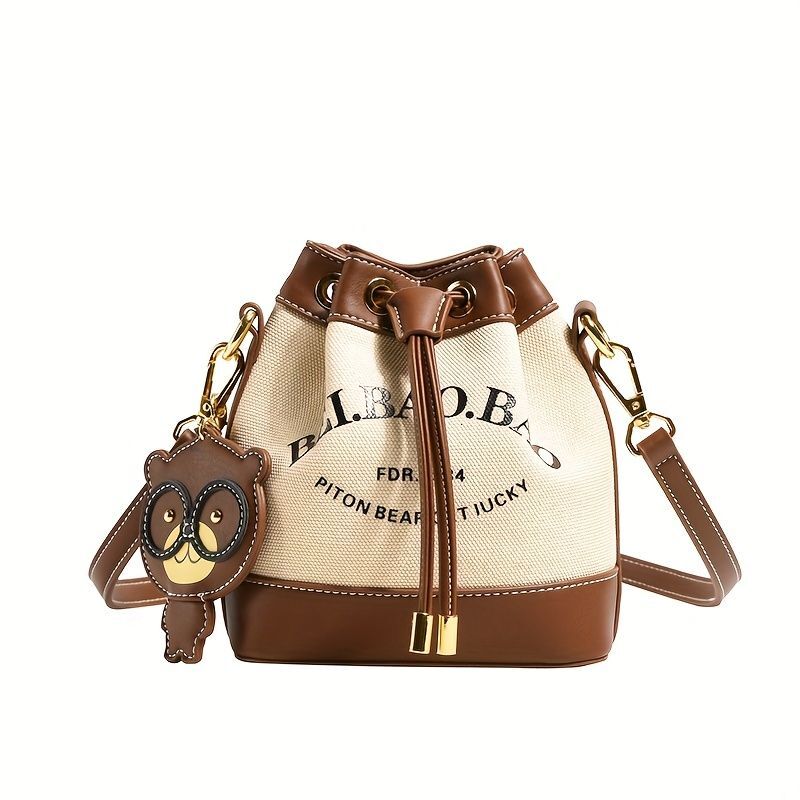 Letter Graphic Bucket Bag For Women - Canvas ing Crossbody Bag, Drawstring Shoulder Purse With Pendant