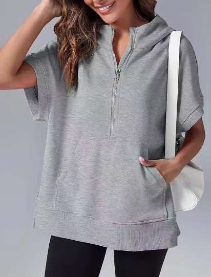 2024 Women's Spring New European And American Solid Color Casual Short Sleeved Hoodie