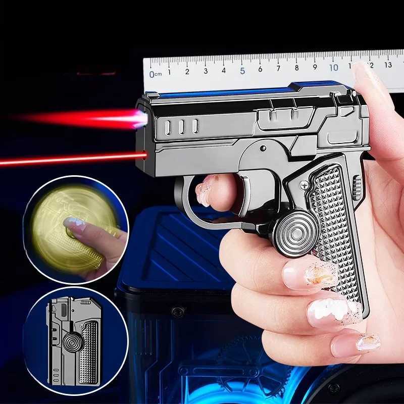 HOT Metal Folding Gun Type Gyroscope Windproof Direct Charge Red Flame Butane Gas Lighter Fun Laser Light Cigar Lighters Smoking Y250228