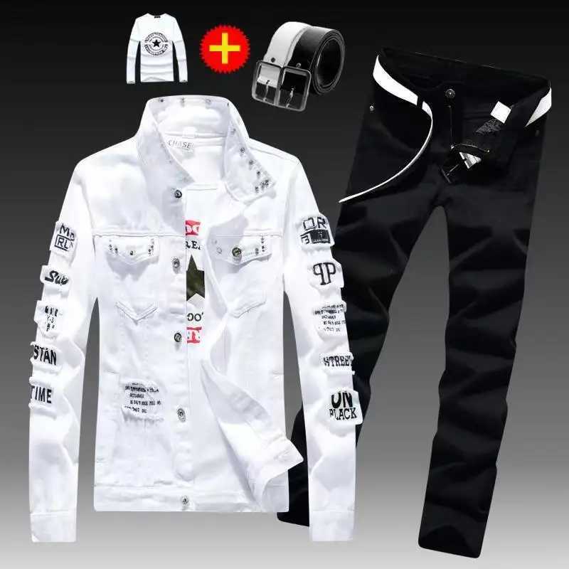 Spring Autumn Mens Denim Jacket + Jeans Pants Set Fashion Single Breasted Coat Trousers Two Piece Denim suit X250228