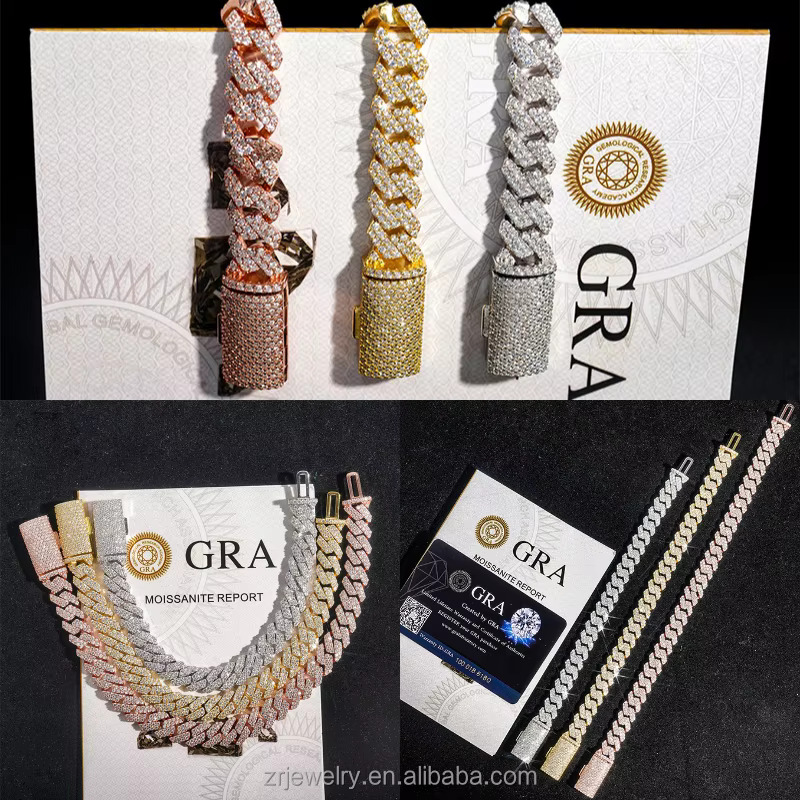 Miami Cuban Link Hip Hop Moissanite Necklace 8mm 10mm 12mm 15mm VVS 925 Sterling Silver Moissanite Cuban Chain