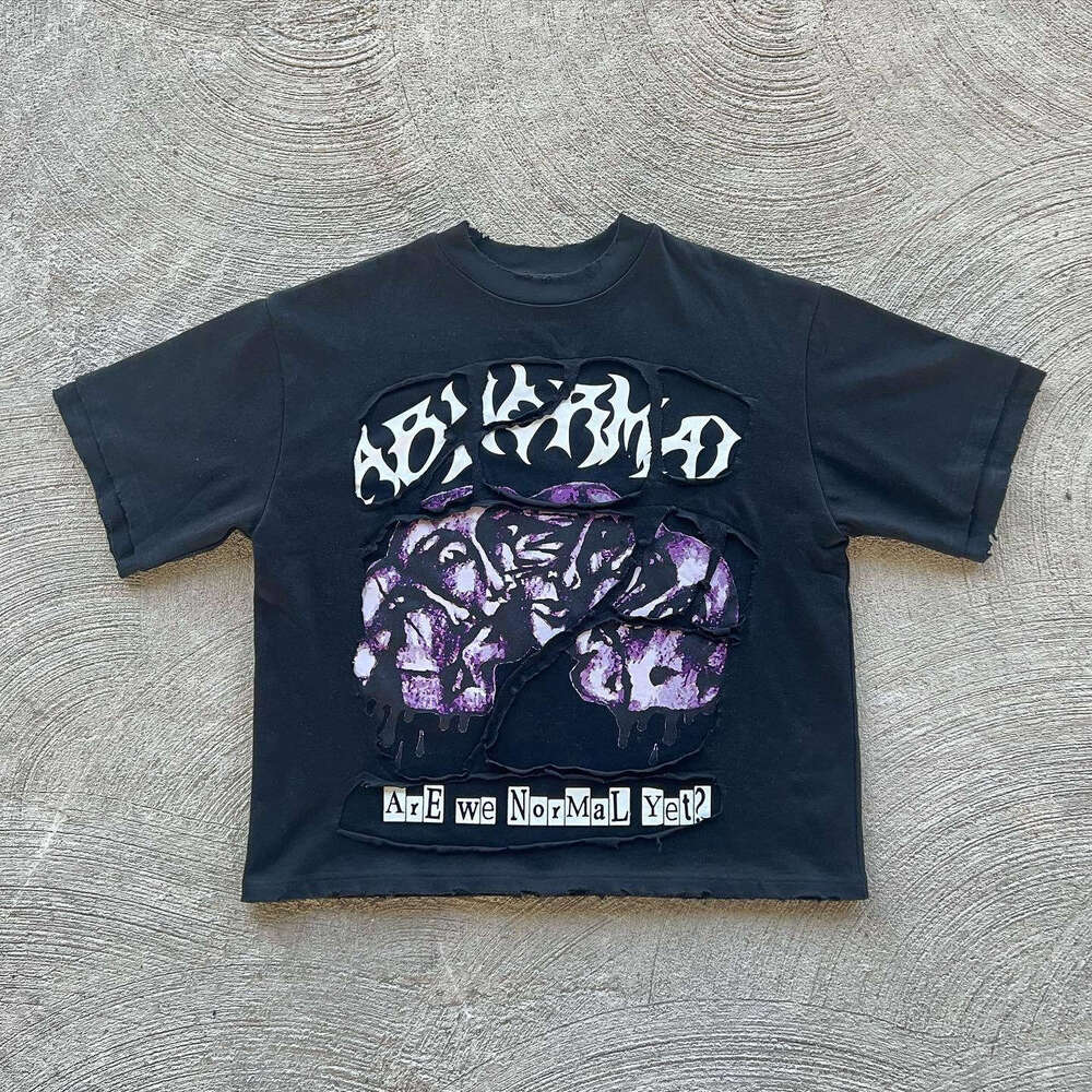 New trendy American street style summer patch embroidered unisex loose dark and funny pattern T-shirt