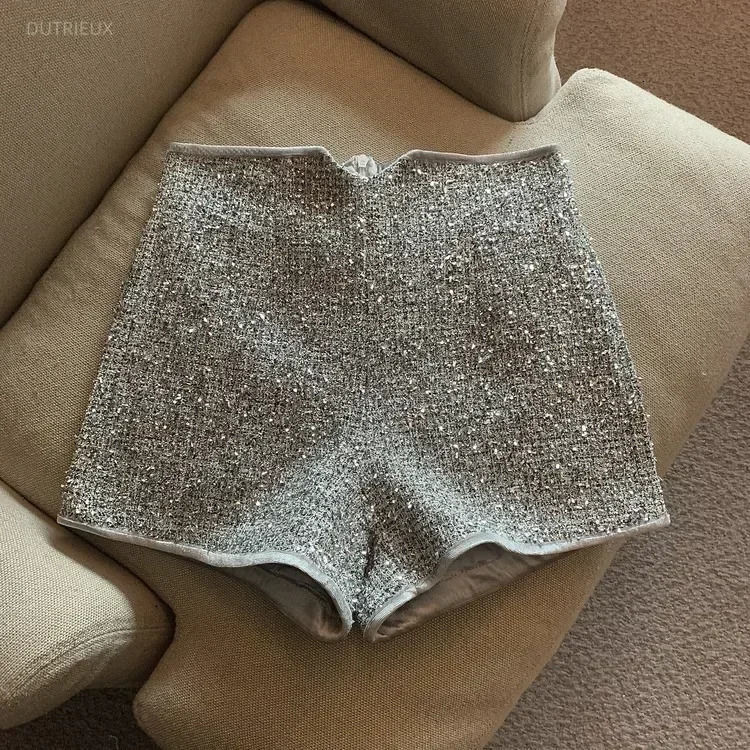 Shorts For Women Sexy High Waist Silver Sequins Short Mujer Y2k Straight Wide Leg Casual Cargo Pantalones Cortos De 250227