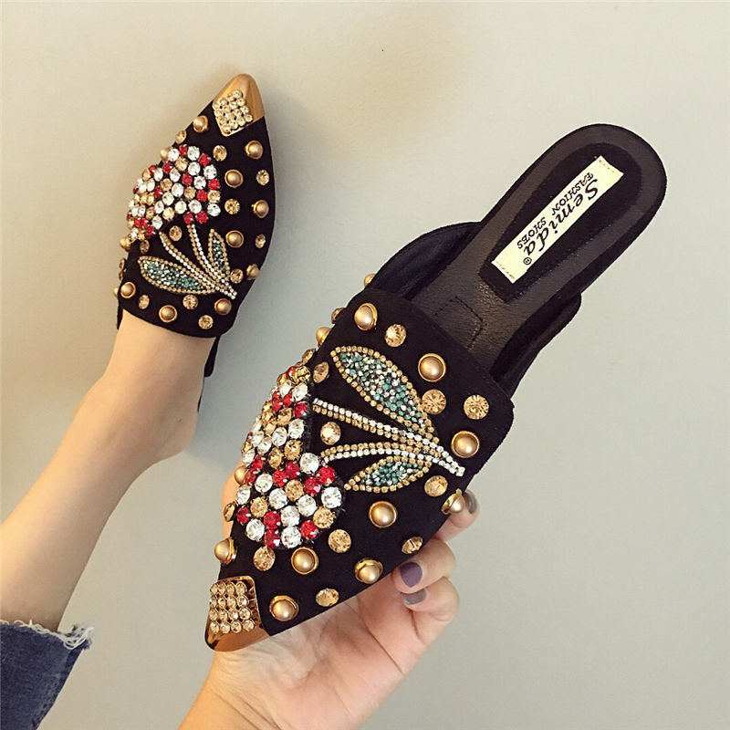 Cherry Rhinestone Pointed Flat Shoes Fashionable Loafers Slippers Beautiful Cherry Pearl Inlaid Flat Sandals For Women Sizes 36-41