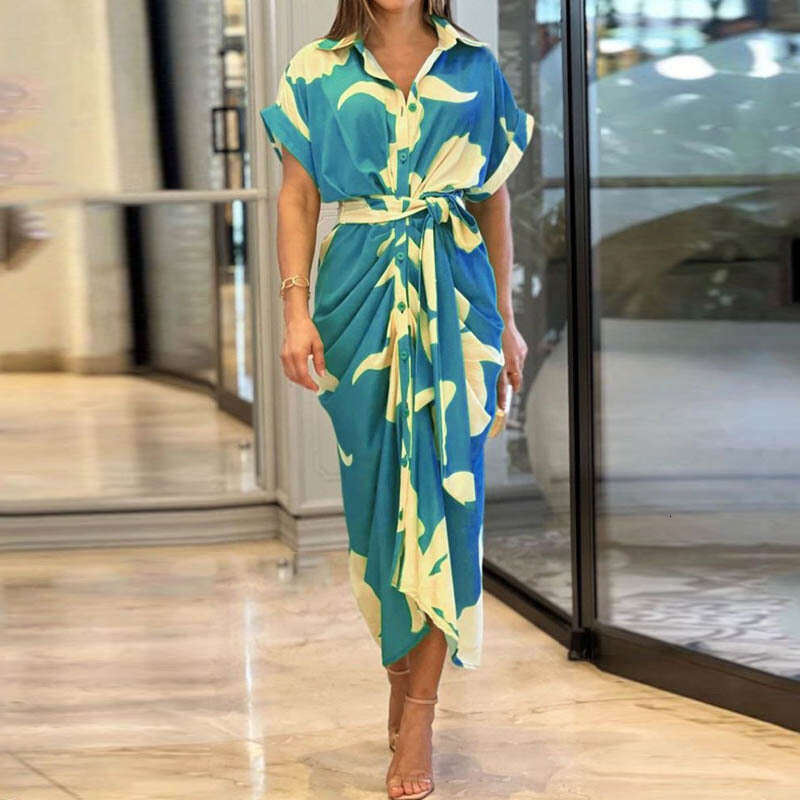 INS Summer 2024 European and American Women's Printed Collar Short Sleeve High Waist Long Shirt Dress