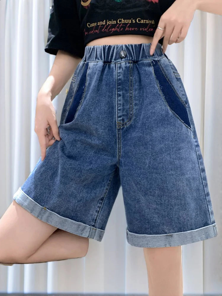 Plus Size Denim Short Jean Shorts For Women Summer 2024 Half Length Crimping Streetwear Blue Female 250228Z