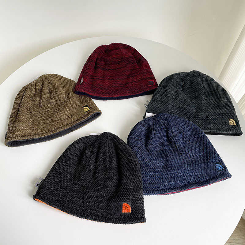 BeanieSkull Caps Adult autumn and winter doublelayer knitted hat with embroidered letters on both sides wool hat for cold protection and warmth cyclin