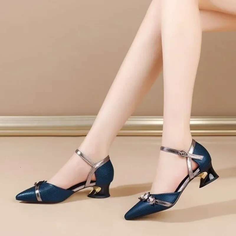 Women Fashion Plus Size Navy Blue Quality Buckle Strap Square Heel Shoes for Sexy Party Night Club Casual High Heels
