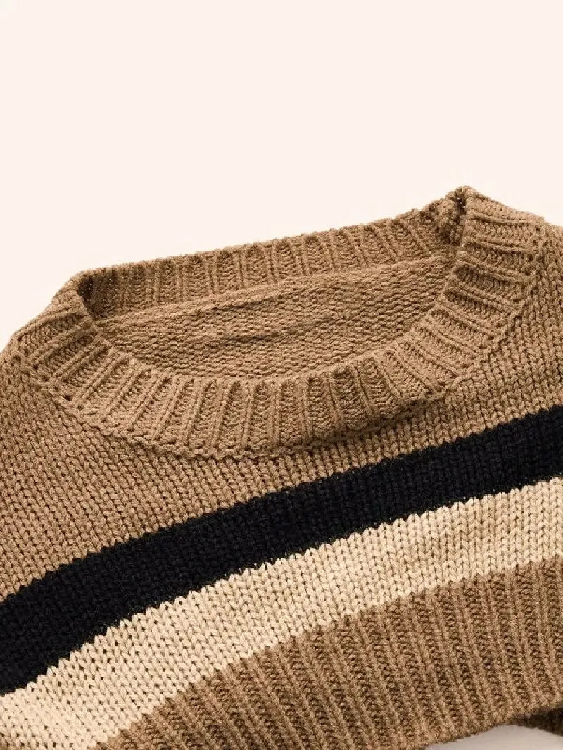 Womens Sweater Stripe Pattern Drop Shoulder Super Crop Without Cami for Women 250225