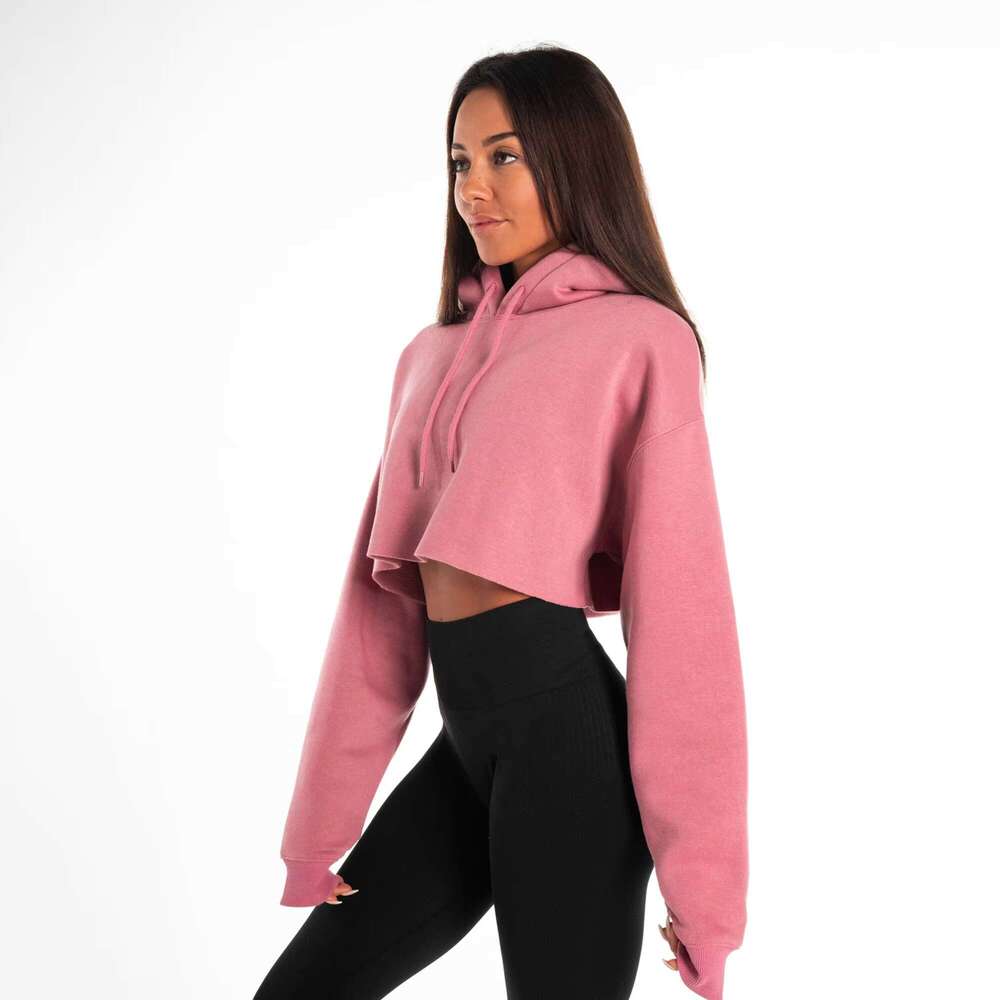 Wholesale Women's Beige Cropped Hoodie Short Length Silk Pullover Custom Long Sleeve Printed Winter Sports Gym Hooded