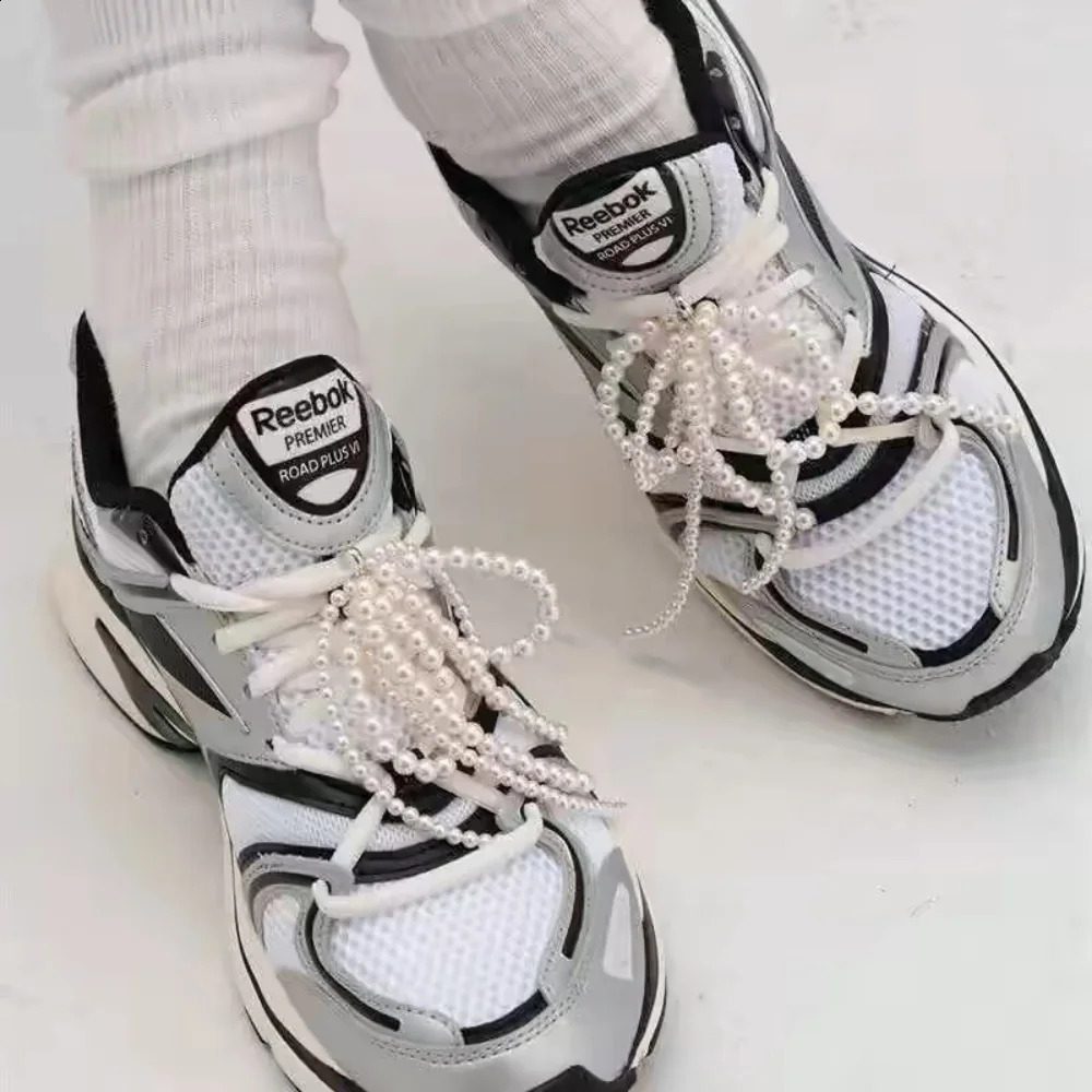1pair Fashion Pearl Bowknot Shoelace Accessories Silver Jelly Color Bow Shoe Charms Sneakers Decorations DIY Phone Chain Jewelry 250218