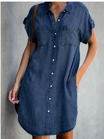 European American collar short sleeved slim fit denim ing dress for women 2025 new style chic and elegant clothing