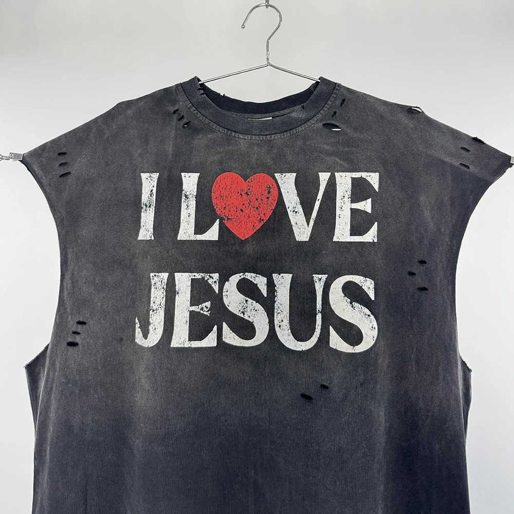 25ss Retro Vintage Cotton Vest Streetwear Oversize Tops Men Clothing I LOVE JESUS Graphics Print Sleeveless T Shirt For Men Y2k 250226