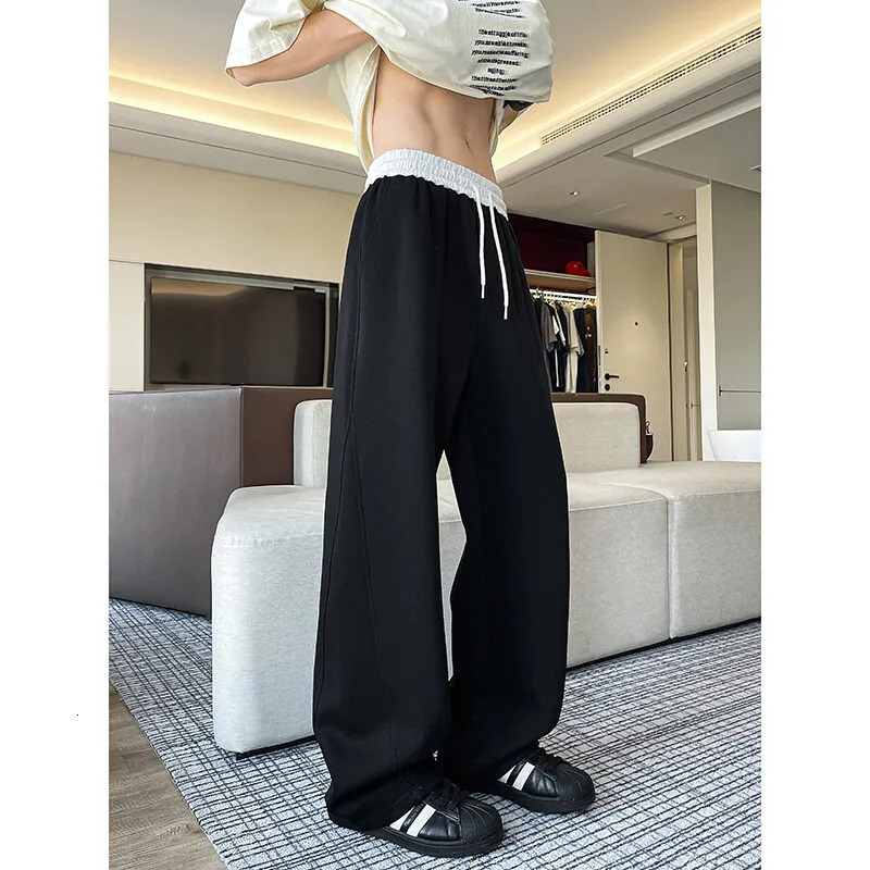 Men Spring Casual Sweatpants Elastic Waist Straight Wide Leg Joggers Plus Size Solid Color Minimalist Patchwork Comfort Pants 250227