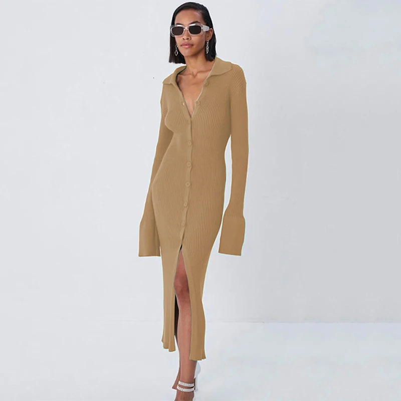 Flare Sleeve Knitted Dress Women Y2K Autumn Winter Sexy Slim Green Midi Dress American Single Breasted Streetwear Club Dresses 250226