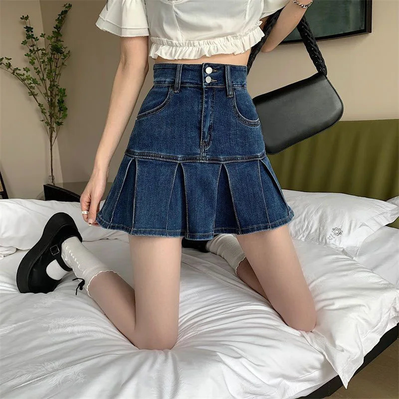 Lucyever Korean Style Pleated Denim Skirt Ladies Fashion High Waist A-Line Mini Skirts Women 2025 Summer Jean Short Skirts 250227