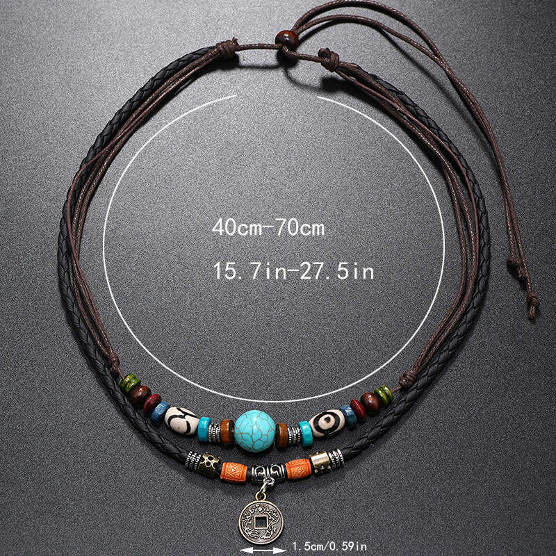 Wind multi-layer turquoise beaded woven leather with personalized alloy antique copper coin pendant for men's necklace