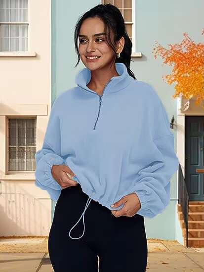 Women's Half Zippered Standing Neck And Drawstring Fleece Sweater Hoodie