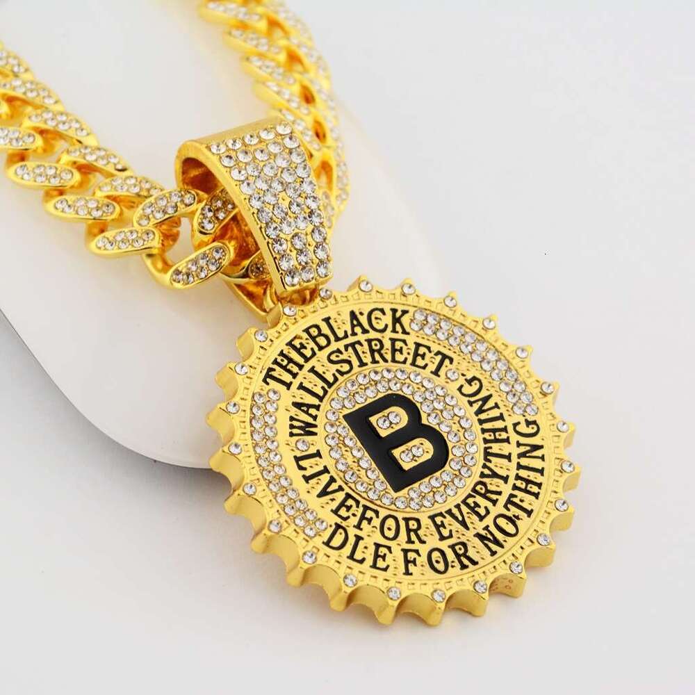 Hip Hop Versatile Full Dia B-shaped Round Label Pendant Personalized Men's and Women's Necklace Cuban Chain