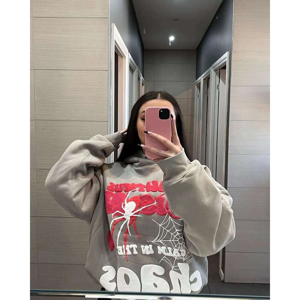 New autumn and winter monsoon letter spider web foam print loose hip-hop hooded sweatshirt