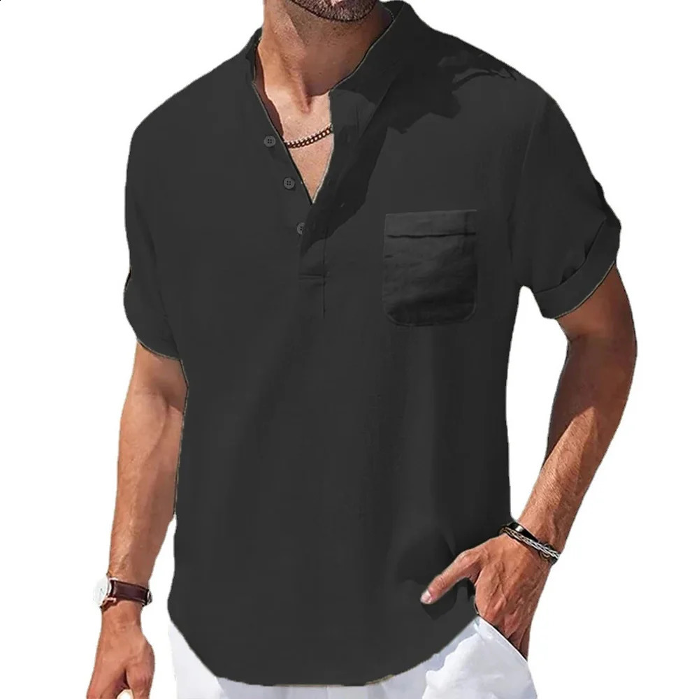 Summer Mens Cotton and Linen Shirts Short-Sleeved T-shirt Henry Collar Casual Mens T-shirts Shirt Male Men Clothing 250224