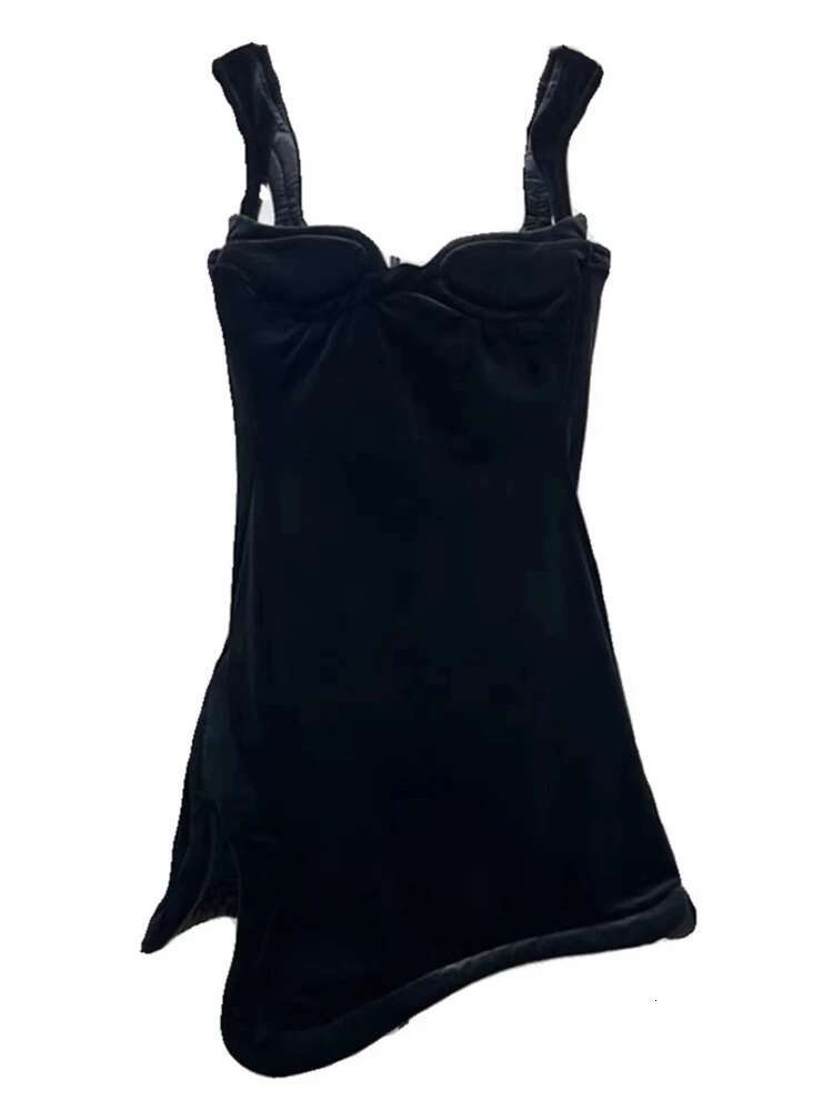 DEAT 2025 Spring Fashion Square Collar Dress Women's Sleeveless Veet Solid Color Zipper Split Dresses Female New 11Xx8165