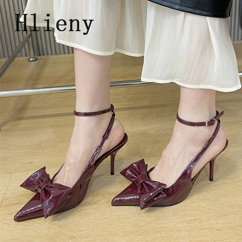 White Wine Red Ankle Strap Stilettos For Woman Patent Leather Bow Pointed Toe Slingbacks High Heels Sandals Women Pumps Shoes w250228