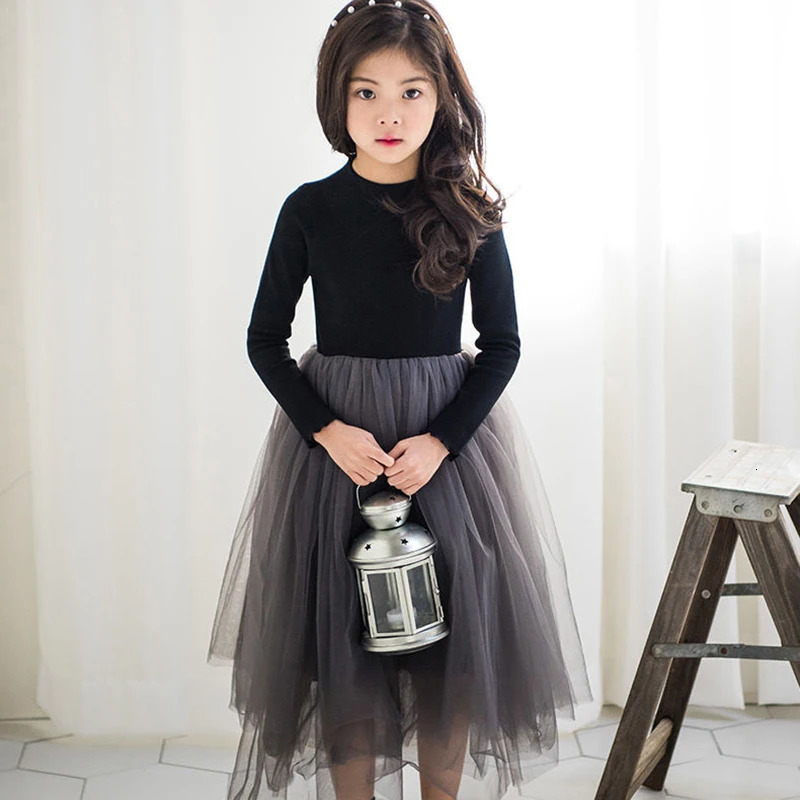 3-12 Years Spring Autumn Girls Dress Korean Mesh Fashon Long Sleeve Little Princess Dress Party Birthday Gifts Kids Clothes 250227