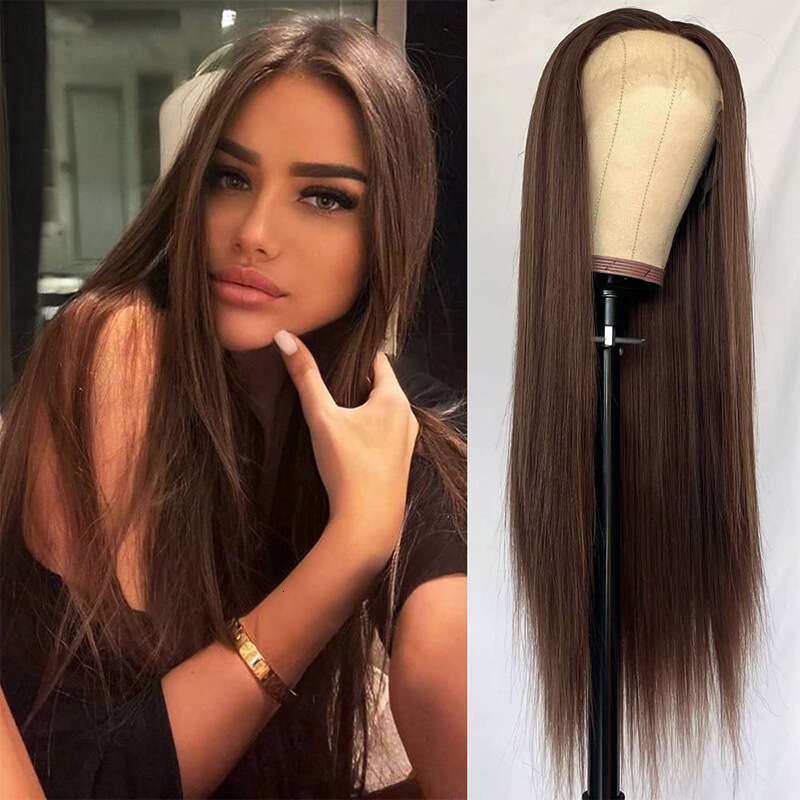 HD Front Lace Wig Front Lace Wig Women S Hand Hook Mid Split Long Straight Hair Synthetic Full Head Cover Lace Wig Brown