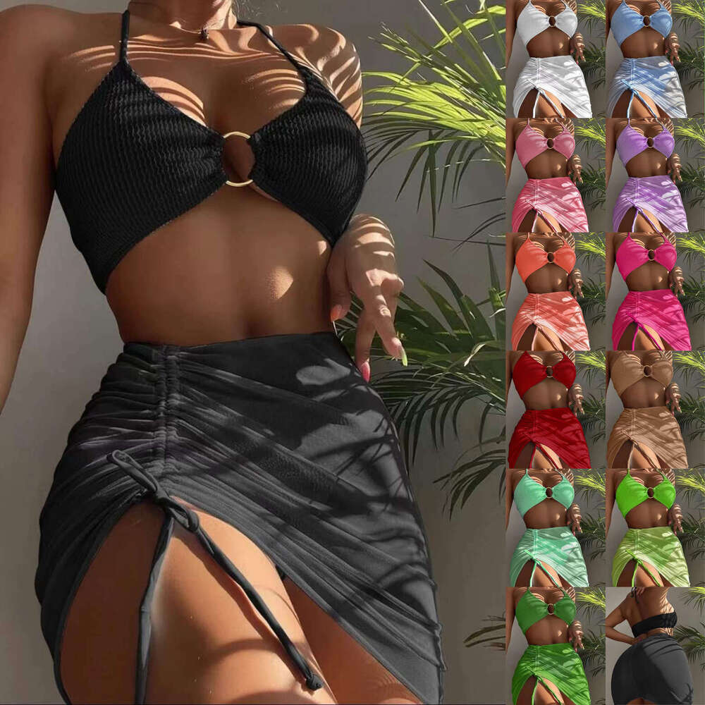 Swimsuit women's multi colored sexy European and American short skirt hanging neck three piece set split swimsuit bikini 2025 temperament versati