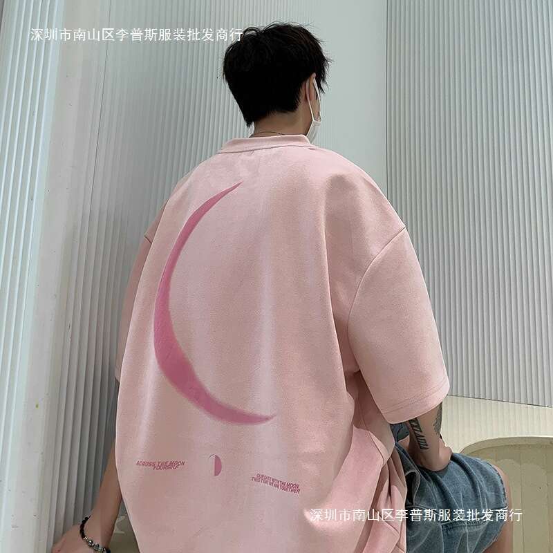 Suede pink short for men in summer, 220g foam high street trendy clothes, casual half sleeved T-shirt