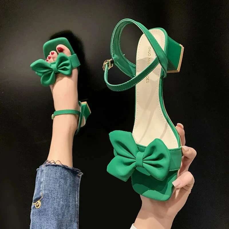 Sandals Women Summer New Fashion Square Head Bow French Buckle Belt Thick Heel Shoes Lady Sexy Work High Heels Beige Green