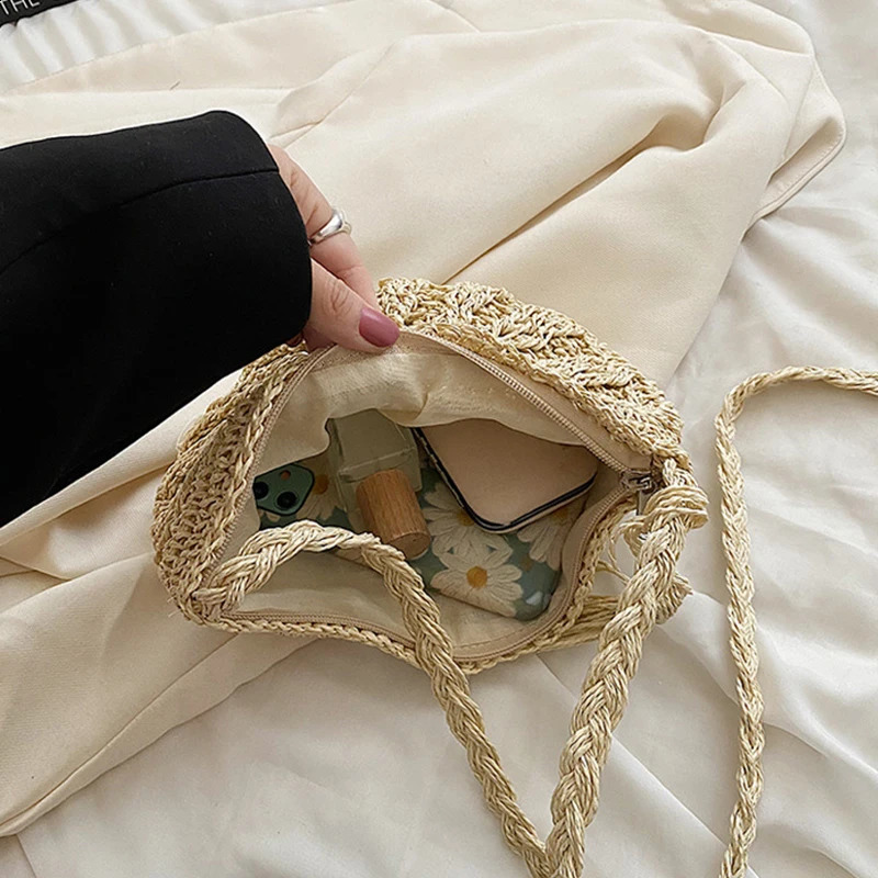Fashion Semicircle Straw Woven Shoulder Crossbody Bag Travel Small Handbag Ladies Summer Handmade Rattan Tassel Beach Bag 250224