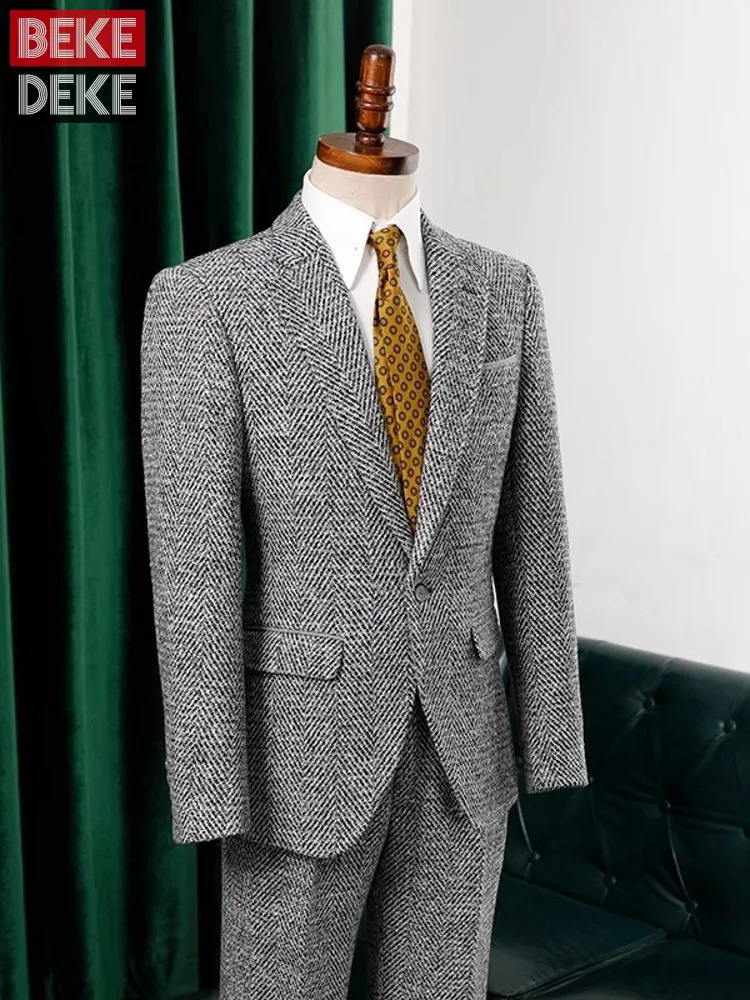 Autumn mens ultra-thin fit jacket pants two-piece set business mens work formal set high-quality wool groom wedding dress set 250224