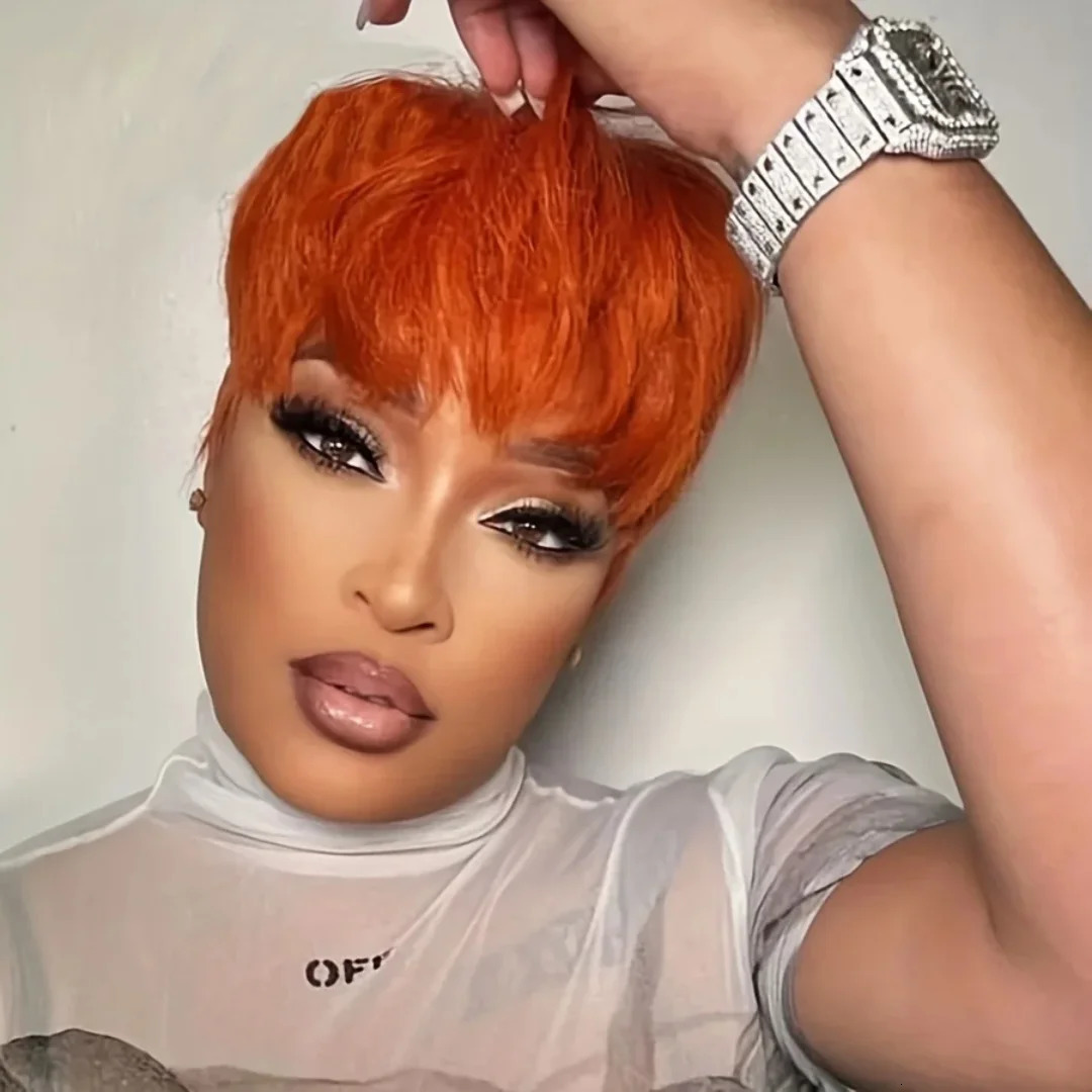 Ginger Color Short Peruvian Hair Wig with Bangs Orange Color full machine made Short Pixie Cut Bob Wig 100% Human Hair Wigs 250227