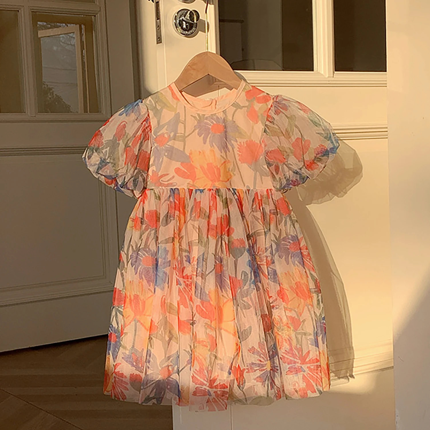 2025 Summer Kids Clothes Puff Sleeve Flower Print Dress For Girls Mesh Kids Dress for Girl 250227