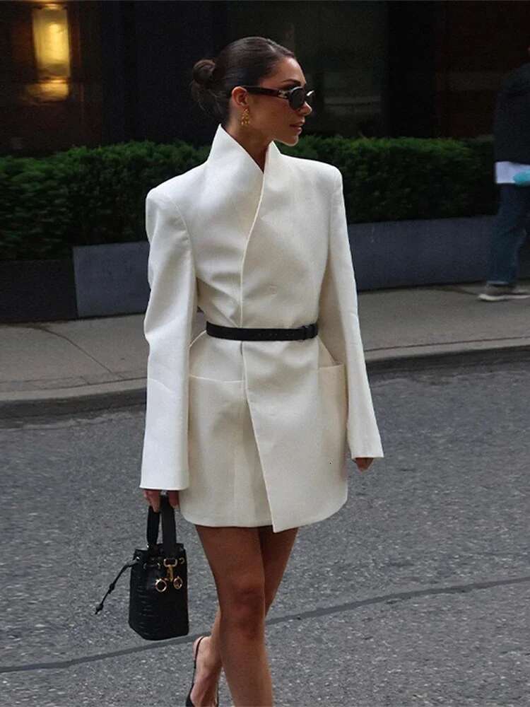 Fashion Solid Blazer Jacket For Women Elegant Long Sleeve Stand Collar Coat Female New 2024 Autumn Office Lady Street Chic Top