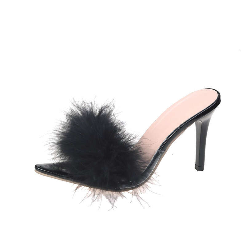 Fashion Summer Feather Peep Toe Mules Sandals Pumps Woman PVC Transparent Perspex Crystal High Heels Lady Slides Shoes