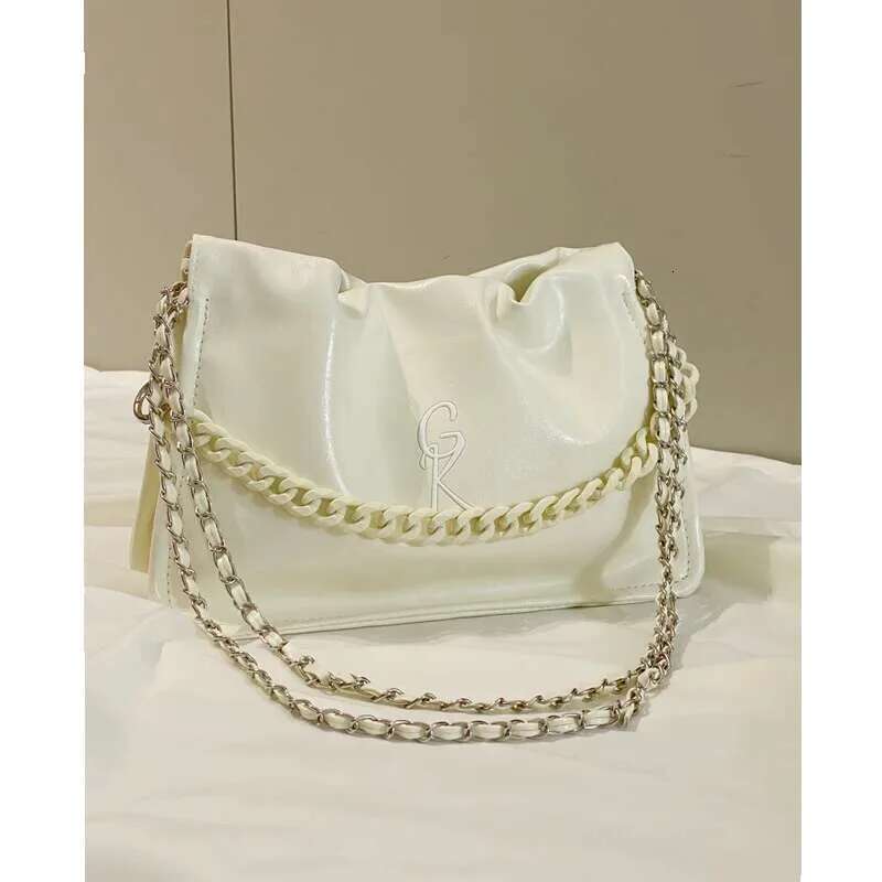 New Chain Pleated Girls Shoulder Fashion Texture Teenage Crossbody Simple Hundred Solid Color Ladies Underarm Bag PU Materia
