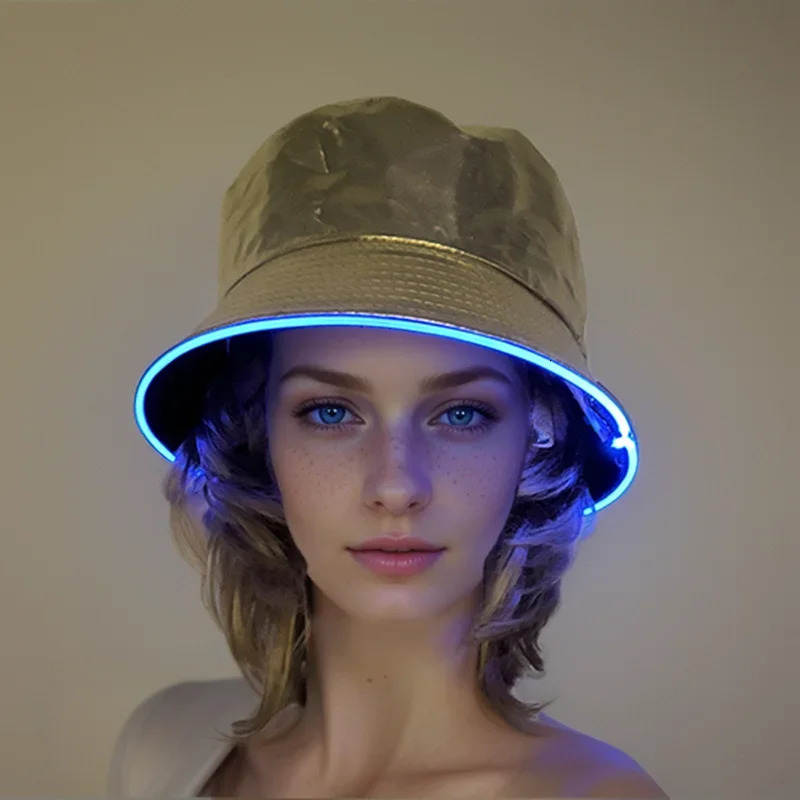 Golden Silver Glowing Light Up Bucket Hat LED Luminous Fisherman Cap Women Men Hip Hop Neon Panama Hats Performence Costume 250227