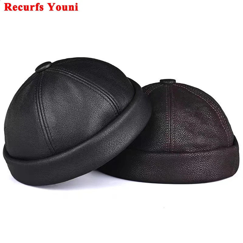 Genuine Leather Skull Cap Women Retro Watermelon Thin Beanie Hats Men Casual Black Cabbie Bone Bonnet Mujer Fitted Round Gorra 250221