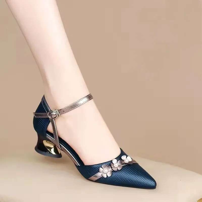 Women Fashion Plus Size Navy Blue Quality Buckle Strap Square Heel Shoes for Sexy Party Night Club Casual High Heels