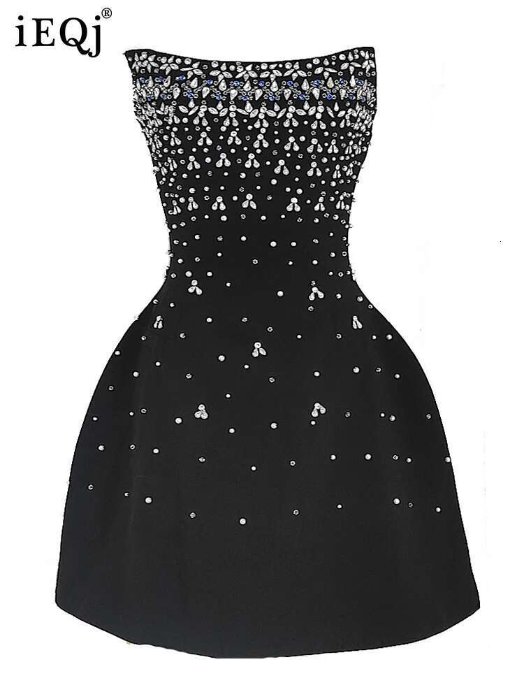 IEQJ French Style Dia Spliced Party Mini Dresses For Women Slash Neck Sleeveless High Waist Black Female Dress 2025 3Wq6859