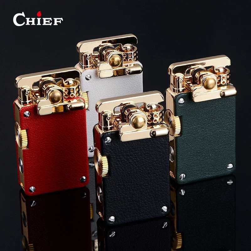 Chief Leather Cover Kerosene Lighter Luxury Rocker Ejection Ignition Mechanical Lighter Mens Business Gifts Collectible Y250228