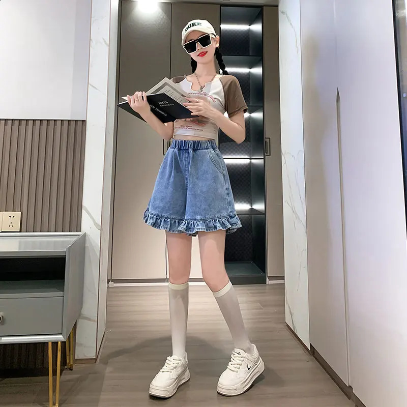 Ruffle plus size womens denim shorts for summer 2024 elastic Wassit blue Korean fashion 250228Z