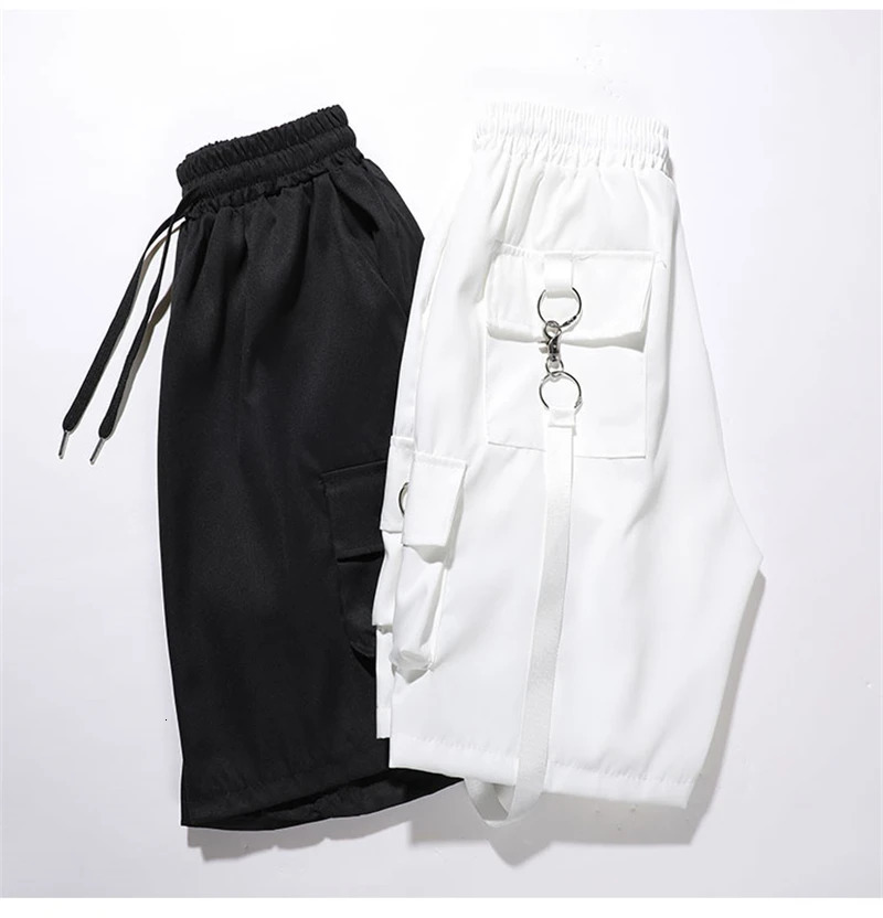Mens multi pocket cargo short sleeved elastic waist wide leg pocket knee long short sleeved mens loose top E175 250225